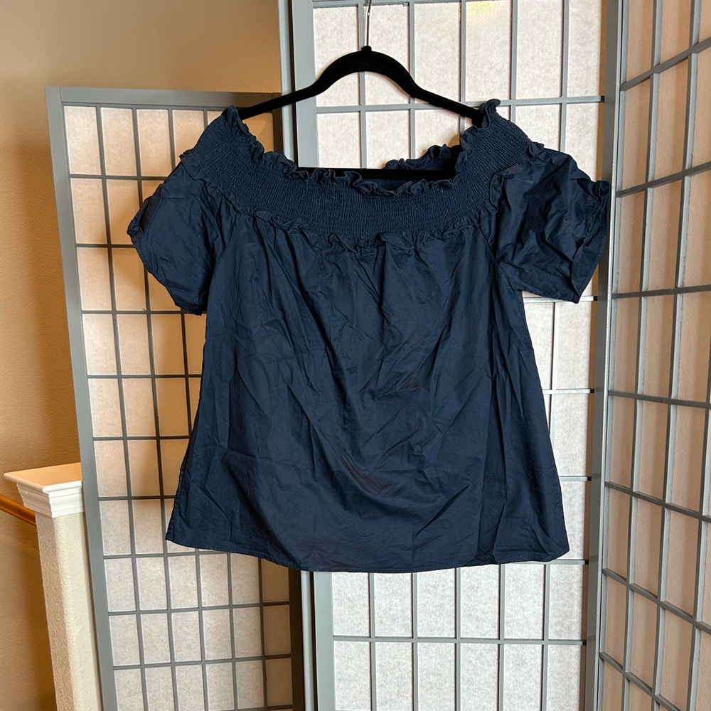 Anthropologie HD in Paris Navy Blue Off-Shoulder Blouse